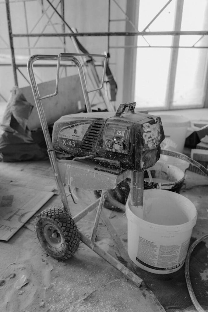 Black and white image of a paint machine on a dusty construction site.