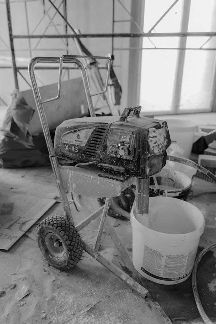 Black and white image of a paint machine on a dusty construction site.